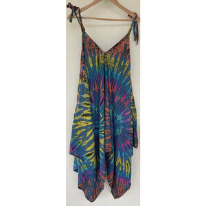 Kathmandu Imports Tie Dye Handkerchief Dress Boho Hippie Festival Vibrant Flowy